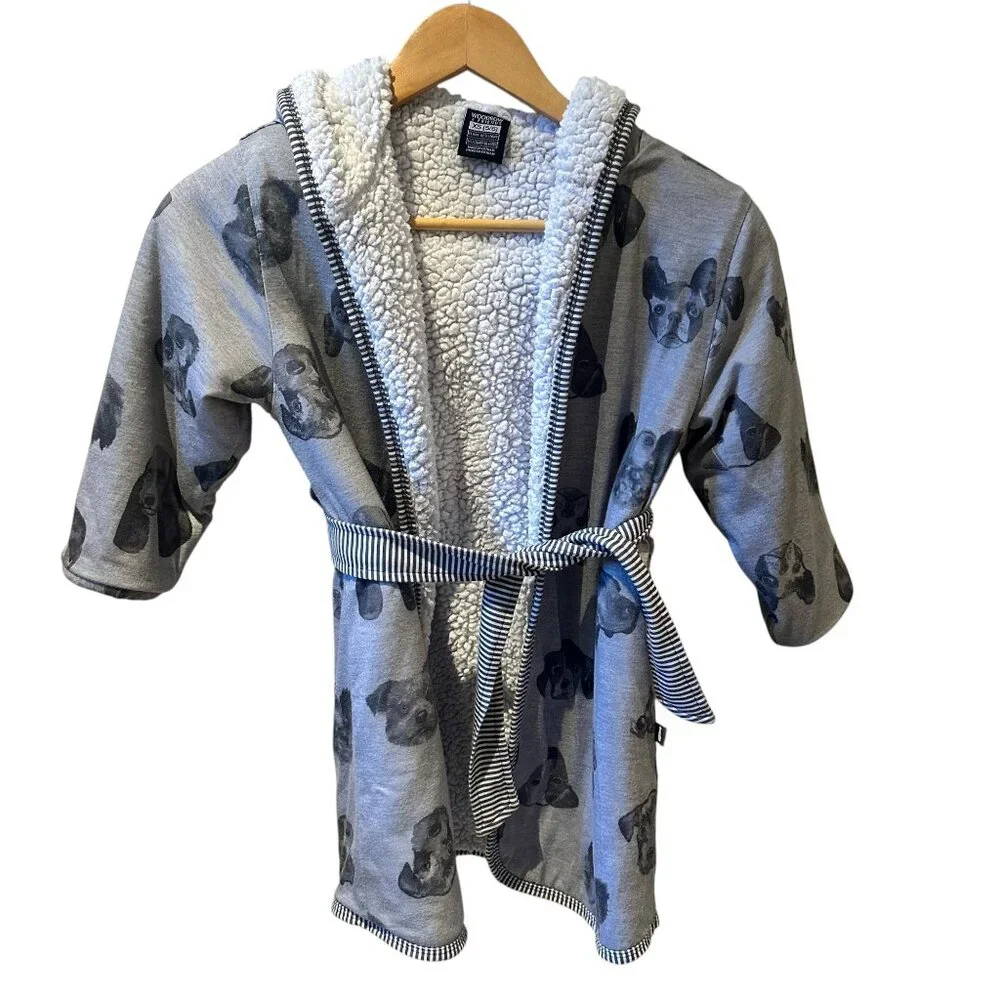 Woodrow & Friends Fleece Puppy Dog Gray  White Robe Housecoat‎ Size 5/6